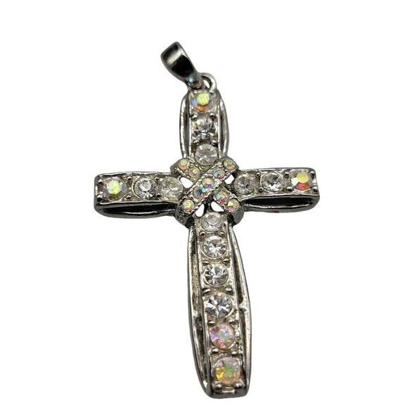 Aurora Borealis Cross Pendant Silver Tone Lots of Sparkle & Color - Picture 9 of 12